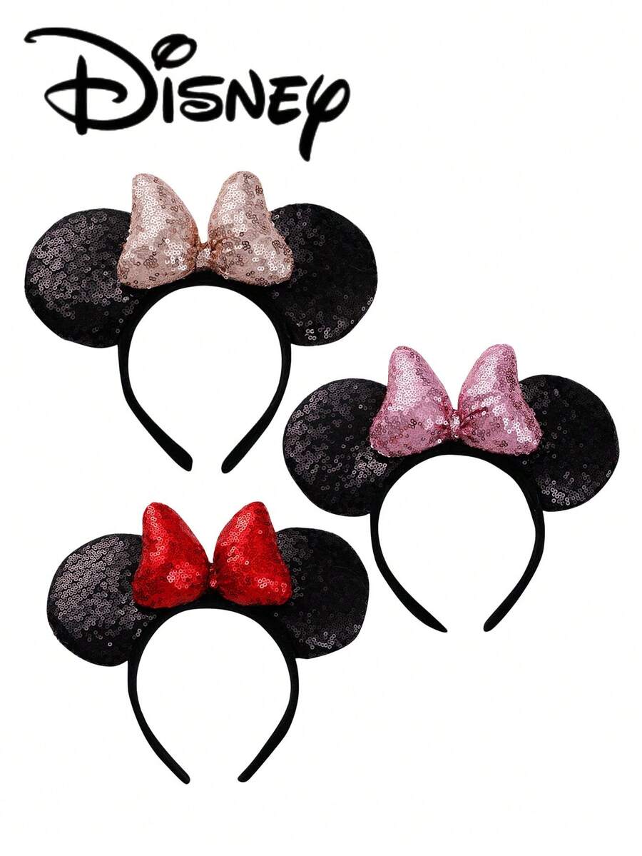 1pc Disney Mickey Black+Pink Sequin Headband, Mickey Black+Champagne Sequin Headband - Holiday Party Headband, Headpiece, Fun Photo Prop, Amusement Park Accessory, Suitable For Birthday Party And Valentine's Day Events, With Bow Cute Cartoon Hair Accessory, Princess Costume Accessory, Suitable For Disney Fans - 1 YEAR - View 1