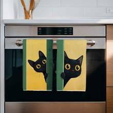2PCS Cute Peeking Cat Pattern Printed Kitchen Towels 40*60cm Simple Style Rectangular Microfiber Kitchen Towels, Dish Cloths, Tablecloths, Hand Towels, Kitchen Decor, Housewarming Gifts For Neighbors, Perfect For Kitchen And Bathroom Use, Suitable For Housewives And Family Gatherings, High Cost-Performance, Essential Household Item - Green - View 5