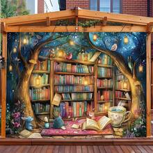 Magic Children's Reading Corner Backdrop Banner - Magic Forest Design With Bookshelves, Animals And Lanterns, Durable Polyester Suitable For Outdoor Parties, Home Decor - Multi-color 1 - View 1
