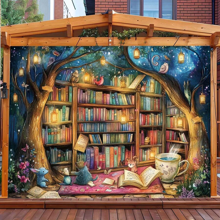Magic Children's Reading Corner Backdrop Banner - Magic Forest Design With Bookshelves, Animals And Lanterns, Durable Polyester Suitable For Outdoor Parties, Home Decor - Multi-color 1 - View 1