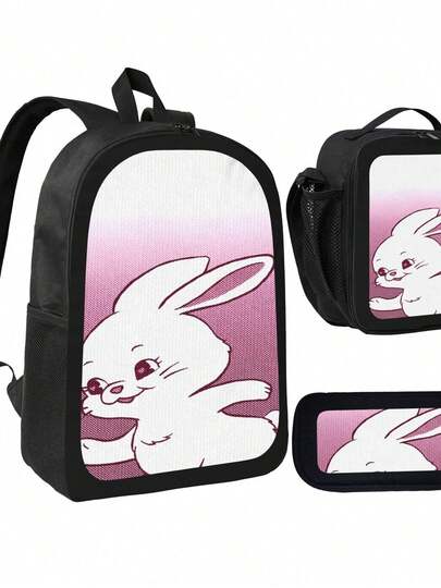 3 Pcs   Backpack Set For Students Cute Cartoon Bunny Print Bookbag With  Bag And Pencil Case