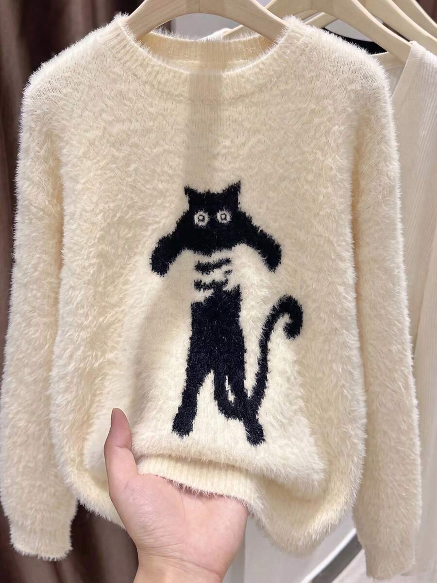 JIANHU Crew Neck Cute Cat Jacquard Fleece Long Sleeve Sweater For Women - White - View 1