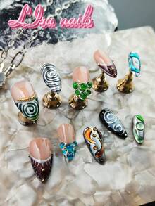 10pcs Handmade Full Cover Almond Shaped Press-On Nails, Silver Hand-Painted Blue Green Water Drop Ripple Pattern Fake Nails, Minimalist Ocean Fresh Y2K Style, Reusable, Suitable For Party, Daily Wear, Cosplay, Includes Jelly Glue And Nail File - Multicolor - View 2
