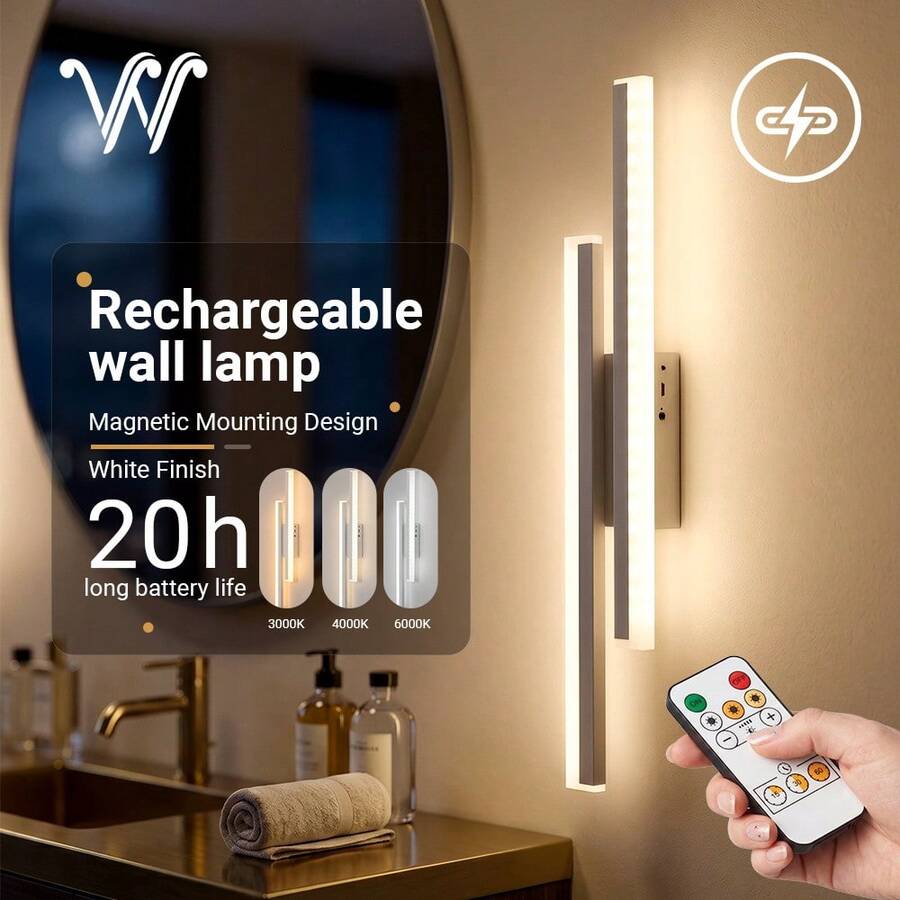 wamblz 可充電無線壁燈 50cm 可調光電池供電壁燈 磁吸式鋁製 LED 壁燈 適用於臥室、客廳、走廊、樓梯間、洞洞板、沙發、電視背景牆 白色 - 白色的 - 查看 1