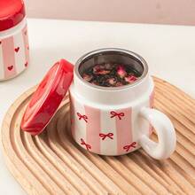 1pc 340ml/11.5oz Fashionable Pink Vertical Striped Ceramic Tea Cup With Lid And Filter, Cute Princess Style Red Heart Bow Print Porcelain Tea Infuser Mug, Suitable For Loose Leaf Tea, Coffee, Milk, Sweet Romantic Anniversary Birthday Gift Cup - Multicolor - View 5
