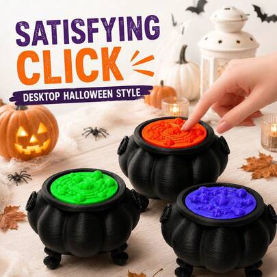 Halloween Themed 3D Printed LHENGTT Witch Cauldron Press Clicker Matte Black 3D Embossed Texture Portable Desktop Ornament Office Table Decor Holiday Scene Atmosphere Decoration Creative Holiday Gift Accessories