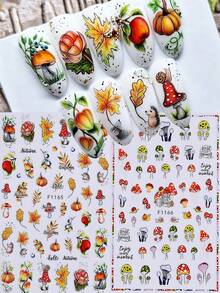 2pcs 3D Self-Adhesive Autumn Maple Leaf & Mushroom Nail Art Stickers, Maple Leaf Pumpkin Apple Floral Cute Nail Design, Thanksgiving Seasonal Nail Decoration, Autumn DIY Nail Supplies - Multicolor - View 1