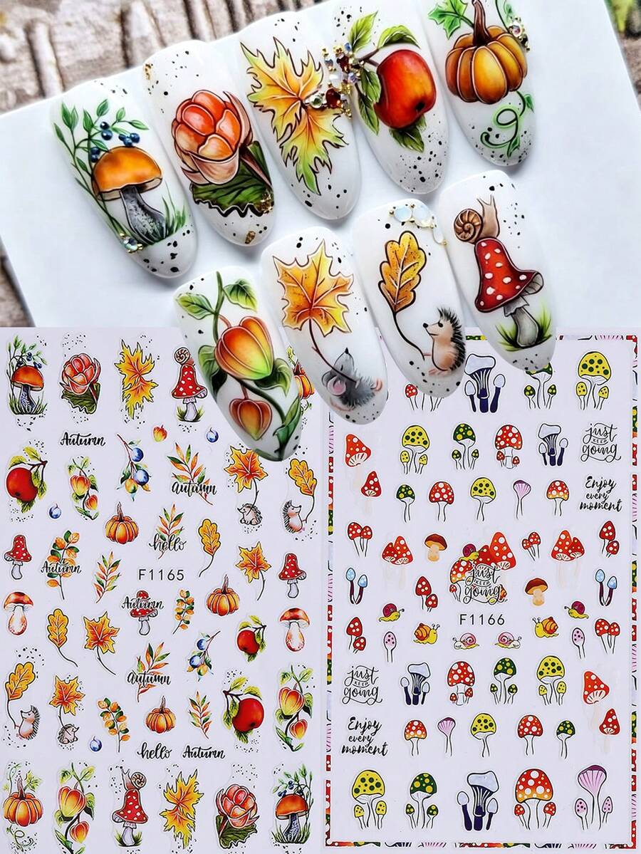 2pcs 3D Self-Adhesive Autumn Maple Leaf & Mushroom Nail Art Stickers, Maple Leaf Pumpkin Apple Floral Cute Nail Design, Thanksgiving Seasonal Nail Decoration, Autumn DIY Nail Supplies - Multicolor - View 1