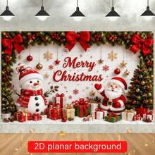 1pc Christmas Themed Banner Backdrop With Snowman And Santa Claus Pattern, Decorated With Christmas Tree, Gift Box, Red Bow And Snowflake, Suitable For Christmas Party Decoration, Party Decoration, Holiday Party Decoration - A - View 5