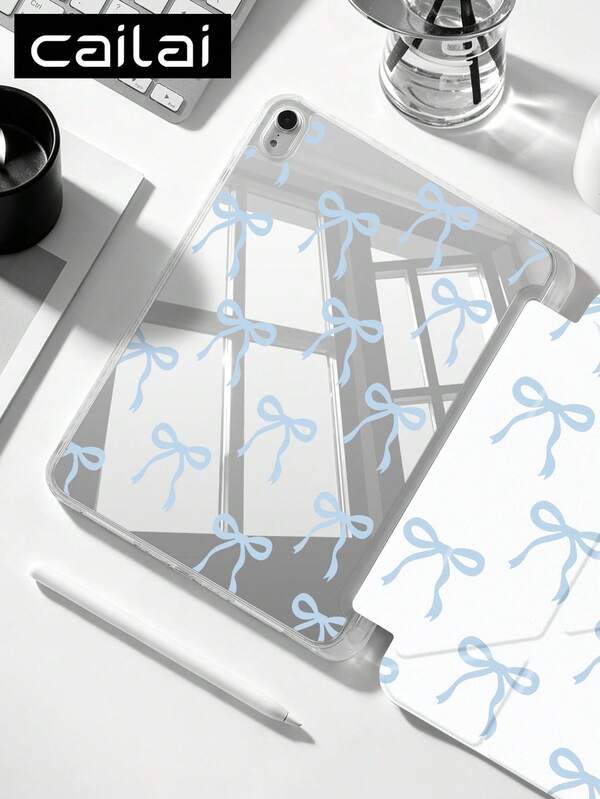 1pc Blue Bow Pattern Design Acrylic Tablet Protective Case, Compatible With IPad 10.2/10.5 Inch, 10th/11th Gen (A16)/ Air 8 2026 (11-Inch), Mini6/7 8.3 Inch, Air5/6/7 10.9 Inch/11 (M2/M3), With Pencil Slot Storage, Y-Fold Flip Cover Protective Case, Multi-Angle Folding