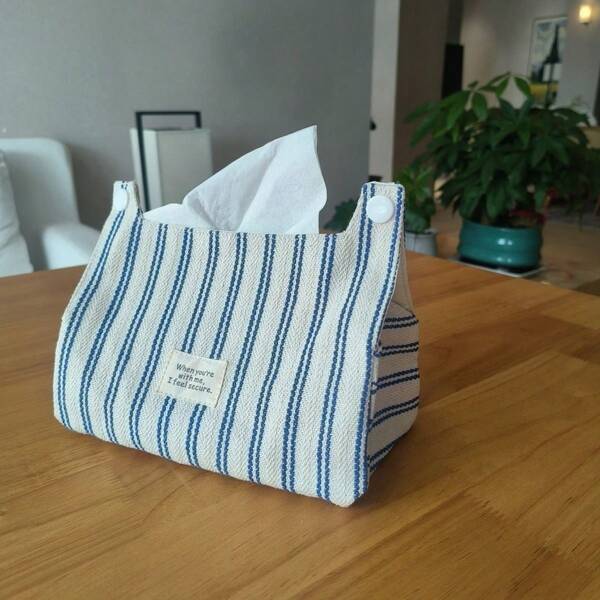 Striped Linen Tissue Box Cover, Portable Fabric Tissue Holder Bag, Decorative Napkin Storage Pouch For Car Home Office