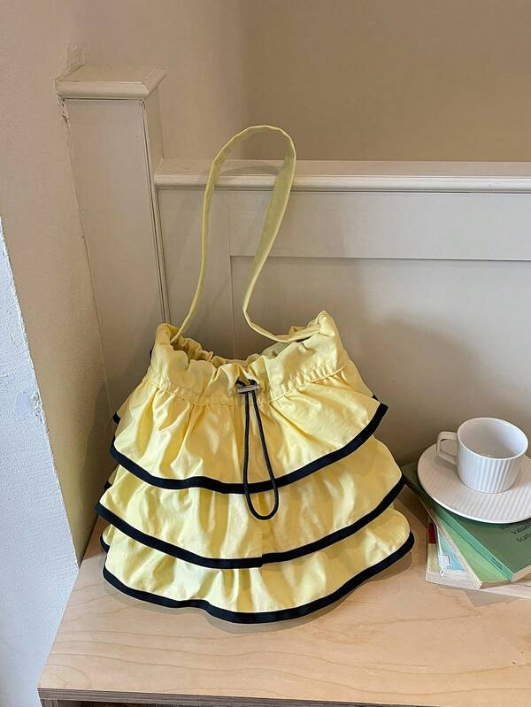 Korean Style 3-Layer Ruffle Cake Tote Bag, Large Capacity Drawstring Nylon Bucket Bag With Contrast Black Trim, Magnetic Closure, Wide Strap, Shoulder Crossbody Bag, Versatile Lightweight For Students, Commuting And Classes