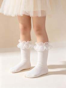 Toddler & Baby Girls Cute White Organza Mesh Ruffle Mid-Calf Socks, Ruffle Socks,Socks For Girls,White Socks,Girls Socks. - Multicolor - View 1