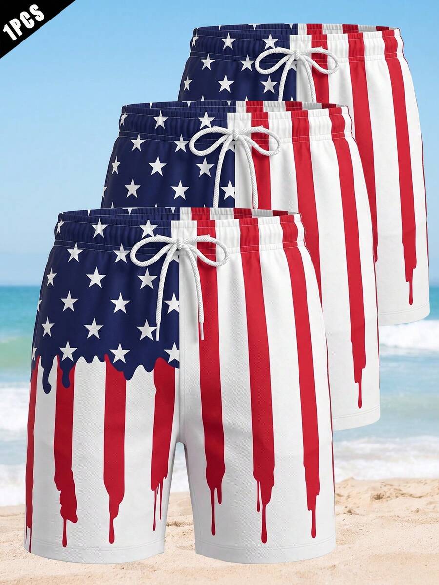 Men's American Flag Dripping Print Beach Shorts Casual Drawstring Elastic Waist Swim Trunks Graphic Board Shorts