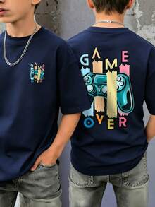 تي شيرت فضفاض للأولاد بنمط "GAME OVER" ووحدة تحكم الألعاب، توب صيفي بأسلوب الشارع للأطفال اللاعبين - أزرق بحري - مشاهدة 10