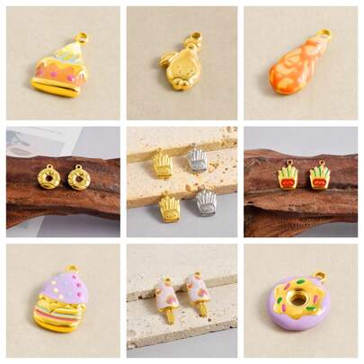 2pcs Hamburger, Fried Chicken, Ice Cream, French Fries, Pizza, Donut, Wine Glass, Lips, Fish Bone, Cake Shaped Lipstick Pendant, Snack Style, Variety Of Designs, Fashionable Accessory, Unisex, Versatile, Stainless Steel Pendant, Niche Personalized Design, Fashion Jewelry, Daily Wear, Necklace, Bracelet, Pendant, Simple Texture, Handmade DIY Jewelry Making, Creative Fun, Highly Attractive, Popular Decorative Accessory