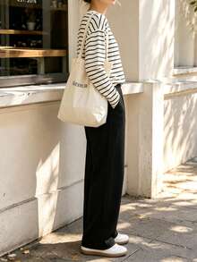 Ins Style Autumn/Winter Retro Classic Black & White Ribbed V-Neck Long Sleeve T-Shirt And Black High-Waisted Draped Ribbed Wide Leg Pants Set - Multicolor - View 5