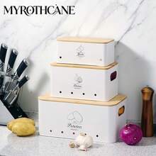 Myrothcane 3pcs Bamboo Lid Potato Onion Garlic Storage Bins, Ventilated Metal Vegetable Storage Containers, Stackable Farmhouse Style Kitchen Countertop Produce Organizer, Suitable For Pantry Storage - White - View 2