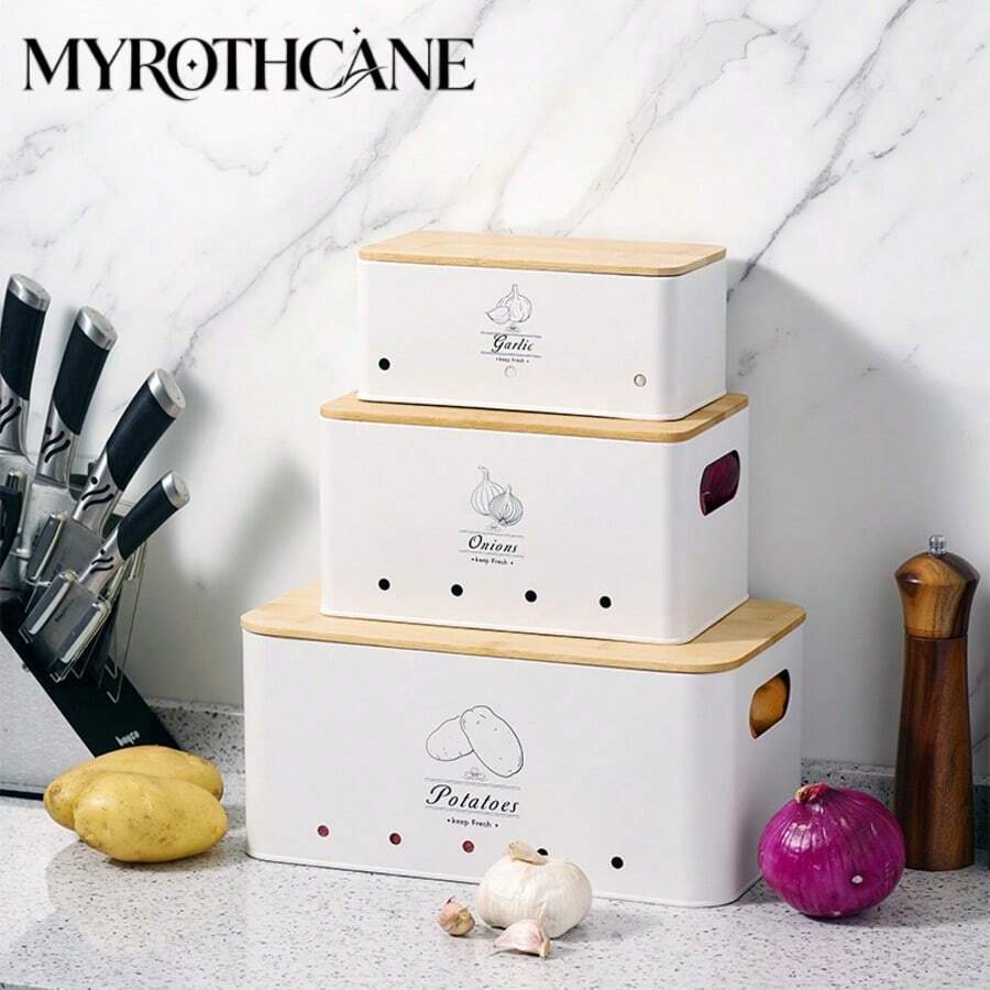 Myrothcane 3pcs Bamboo Lid Potato Onion Garlic Storage Bins, Ventilated Metal Vegetable Storage Containers, Stackable Farmhouse Style Kitchen Countertop Produce Organizer, Suitable For Pantry Storage