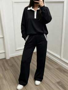 Women's Casual 2 Pieces Set, With Pockets And Button Details, Black Wide Leg Pants And Pullover Top, Medium Stretch Autumn Outfit - Black - View 2