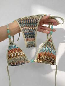Bikinx Women's Bohemian Style Halter Neck Backless Textured Fabric Beaded Bikini Set, Side Tie Swim Bottoms, Suitable For Beach Wear - Multicolor - View 4