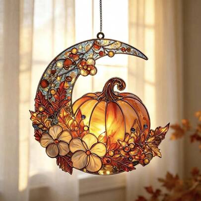 Crescent Moon Pumpkin Stained Glass Window Hanging Decor, Autumn Maple Leaf & Flower Painted Acrylic Pendant, Thanksgiving Harvest Season Translucent Window Ornament, Vintage Atmosphere Home Wall Hanging Decor, Autumn Holiday Creative Decorative Gift