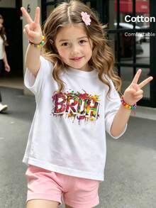 Short-Sleeve T-Shirt Featuring A Colorful Paint-Splatter 'BRUH' Graffiti Text Print, Playful Street-Art Inspired Graphic Top For Tween Girl - White - View 4