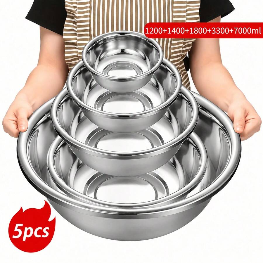 5pcs/Set Multi-Size Stainless Steel Prep Bowls, Space-Saving Stackable Metal Bowls, Suitable For Cooking, Salad, Dough, Meat Storage