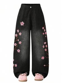Tween Girl Black Denim Jeans Fashion New Cherry Blossom Embroidered Loose Wide Leg Casual Pants Suitable For Spring Summer Autumn Winter - Black - View 1