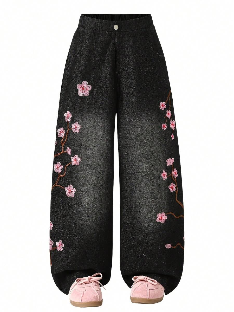 Tween Girl Black Denim Jeans Fashion New Cherry Blossom Embroidered Loose Wide Leg Casual Pants Suitable For Spring Summer Autumn Winter - Black - View 1