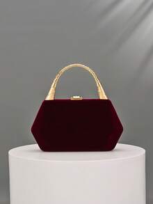 1pc Burgundy Velvet Metal Leaf Evening Clutch, Luxury Bamboo Joint Rhinestone Handle Handbag, Wedding Bride Toasting Bag, Banquet Dress Cheongsam High-End Crossbody Chain Small Bag - Burgundy - View 6