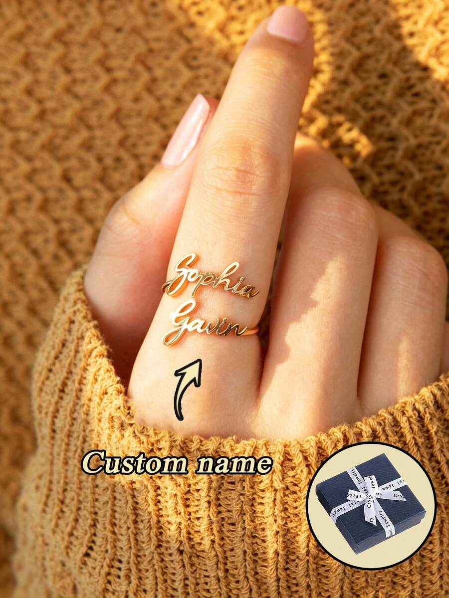 1pc Customizable Name Ring, Can Customize 1-3 Names, Dual-Tone Inlaid 925 Sterling Silver And Gold Plated Wrap Ring, Personalized Name Ring, Suitable As Gift For Mom, Birthday Gift, Girlfriend Gift, Mother's Day Gift, Family Ring, Women's Jewelry, Comes With Small Gift Box - Multicolor - View 1