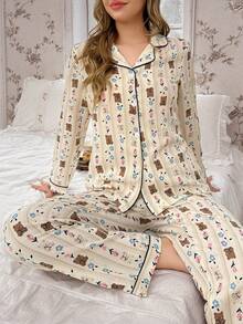 Women's Cream Textured Fabric Teddy Bear & Ditsy Floral Black Trim Notch Neck Long Sleeve Straight Leg Pants 2 Pieces Pajama Set - Multicolor - View 4