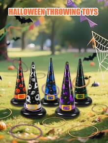 Juego de lanzamiento de aros con sombrero de bruja inflable reutilizable, patrón espeluznante de Halloween, accesorios de juego de PVC a prueba de fugas, adecuado para juegos familiares en grupo en el patio trasero y césped, suministros de actividad interactiva para fiesta de Halloween y carnaval - A - Ver 5