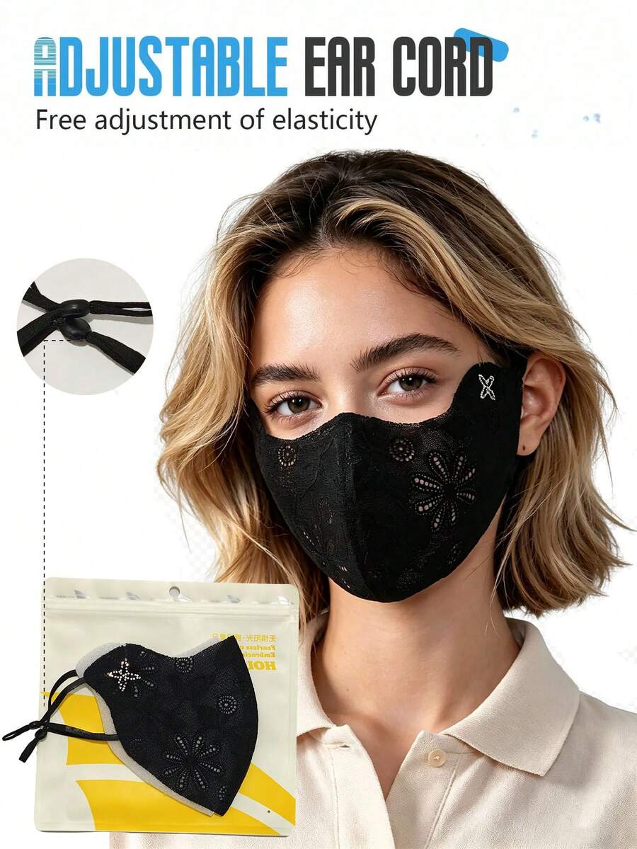 Floral Hollow Lace Sun Protection Face Mask, Adjustable Ear Loops, Lightweight Breathable UV Protection, For Women's Daily Use - Multicolor - View 1