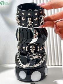 Punk Style Black Resin Bracelet Set Y2K Silver Chain Star Sequin Decor Stackable Bracelets Gothic Style Cool Girl Daily Jewelry Gift - Multicolor a - View 9