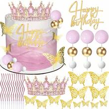 40pcs/12pcs/1pc Pink Rhinestone Crown Happy Birthday Acrylic Cake Topper Set, Gold Hollow Butterfly & Mini Ball Foam For GirlsBirthday Cake Decorations - Multicolor - View 4