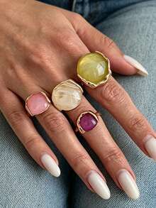 4pcs Resin Translucent Candy Color Round Open Rings, Casual Versatile Ins Rhinestone Studded Rings - Multicolor - View 2