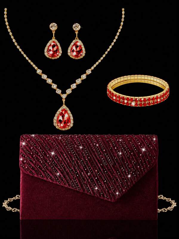 4pcs Women's Evening Jewelry Set, Sparkling Rhinestone Pendant Necklace, Earrings, Bracelet, Paired With Fashionable Rhinestone Evening Clutch Envelope Bag, Elegant Women's Party Bag Ball Bag. Suitable For Women, Ladies, Brides Attending Weddings, Parties, Evening Events, Gatherings