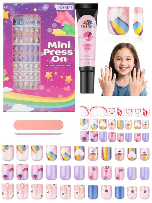 EBANKU 5 Sets Kids Wearable Nail Art Set, Cute Pink And White Color Kids Fake Nails, Girls Exclusive Nail Tips, Comes With Nail Jelly Glue And Nail Glue