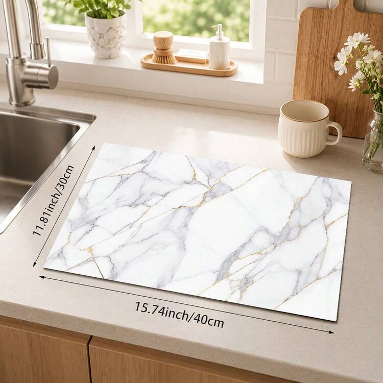 1pc White Gold Marble Pattern Diatomaceous Earth Kitchen Drying Mat, Quick-Drying Non-Slip Coffee Machine Mat And Dish Drying Pad, Suitable For Kitchen Countertop And Dining Table - Multicolor - View 8