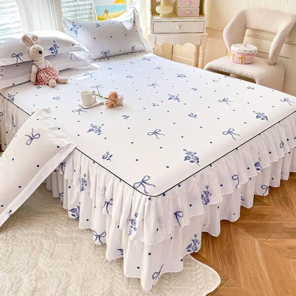 3 Piecesskin-Friendly Korean-Style Princess-Style Lace Bed Skirt Set, Including 1 Bed Skirt And 2 Pillowcases. Made Of Breathable Polyester, With High-Definition Printing. Suitable For All Seasons And Suitable For Home Or Dormitory Decoration.