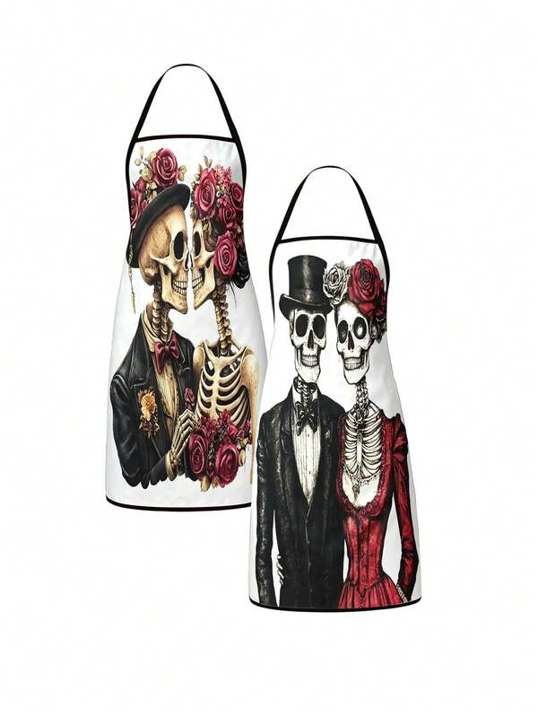 2pcs Men's And Women's Skull Halloween Aprons, Suitable For Daily Kitchen Use, Living Room, Dining Room, Outdoor Barbecue Parties, Festival Decorations, And An Excellent Gift For Others