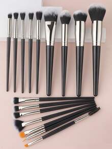 ronshadow Conjunto de 16 Pincéis de Maquiagem Preto & Prata, Pincel de Pó Redondo Grande, Base, Blush, Iluminador em Leque, Pincéis de Sombra Multitamanho, Corretivo, Pincéis de Sobrancelha, Cerdas Macias Amigáveis à Pele, Kit Completo de Ferramentas de Maquiagem de Base & Cor para Iniciantes, Uso Diário e Encontros - Preto - Visão 1