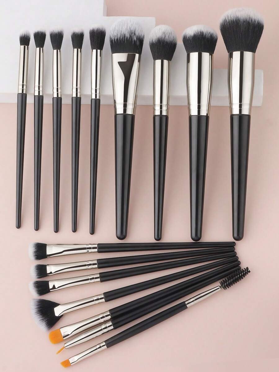ronshadow Conjunto de 16 Pincéis de Maquiagem Preto & Prata, Pincel de Pó Redondo Grande, Base, Blush, Iluminador em Leque, Pincéis de Sombra Multitamanho, Corretivo, Pincéis de Sobrancelha, Cerdas Macias Amigáveis à Pele, Kit Completo de Ferramentas de Maquiagem de Base & Cor para Iniciantes, Uso Diário e Encontros - Preto - Visão 1