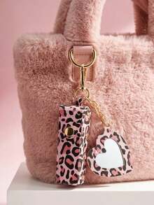 Leopard Print Lipstick Keychain, Portable Heart-Shaped Makeup Mirror Lipstick Pendant. Fashion Y2K Style. Suitable For Students, Office, Party, Travel, Gift - Multicolor - View 1
