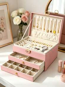 1pc 3-Layer Jewelry Storage Box, Large Capacity With Lock, Large PU Leather Jewelry Box, Watch Storage Box, Bracelet Storage Box, Drawer-Style Jewelry Storage Display Box, Vanity Storage Box, Jewelry Organizer Box, High-Quality Desktop Storage Box, For Storing Rings, Necklaces, Bracelets, Earrings And Pendants, Perfect Gift For Women. Holiday Gift, Women's Gift, Christmas Gift. - Multicolor - View 6
