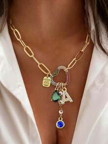 1pc Gold Letter Necklace, Luxury Heart-Shaped Lock With Lock And Green Diamond Pendant Necklace, Exquisite Holiday Party Gift For Women - Yellow Gold - View 8
