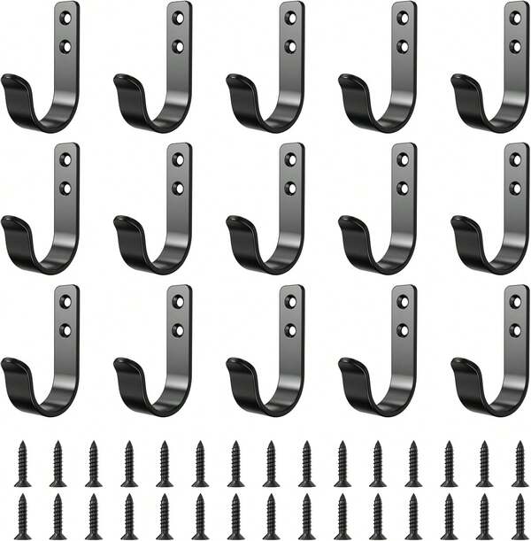 PRIGVOT 15-Pack Black Metal Wall Hooks, Heavy Duty Coat Hooks Wall Mounted For Hanging, Screw In Hooks For Towel, Clothing, Robe, Single Hooks For