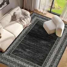 Techigher Modern Washable Area Rug - Non Slip Geometric Bordered Living Room Carpet, Foldable Thin Low Pile Floor Cover For Bedroom, Kitchen, Dining Room - Black - View 2